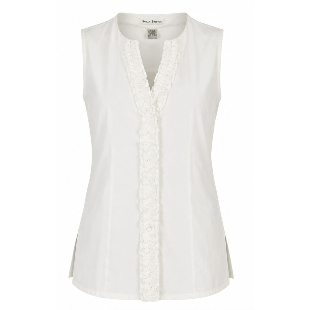 Susan Bristol Ruffle Trim Sleeveless Top Women Size M White Button Front Stretch